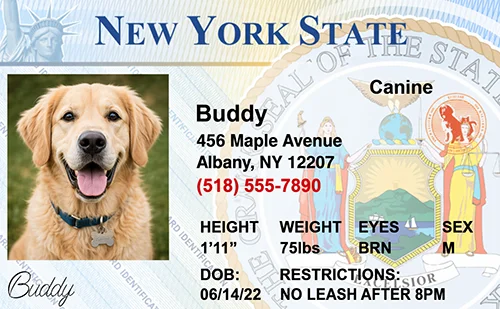 Dog tag that looks like a driver's license with pet photo and details