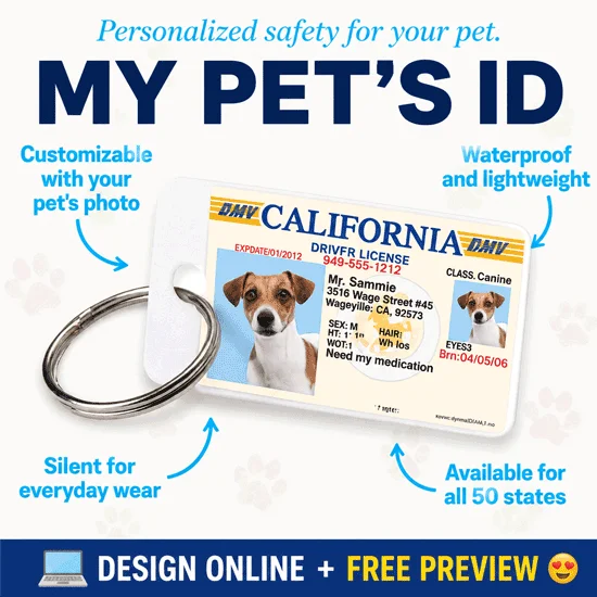 Custom pet ID cards and silent dog tags for all 50 states