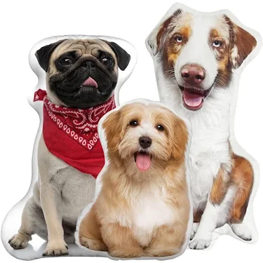 Custom pet-shaped pillows of a pug, a havanese and an australian shepherd