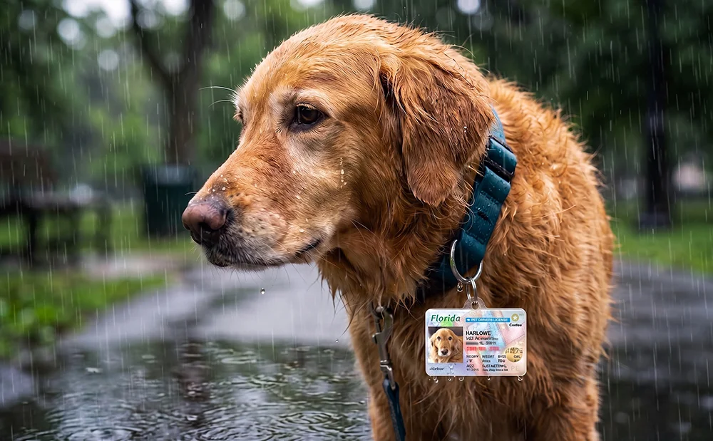 Dog wearing a MyPetDMV waterproof ID tag on its collar while walking in the rain